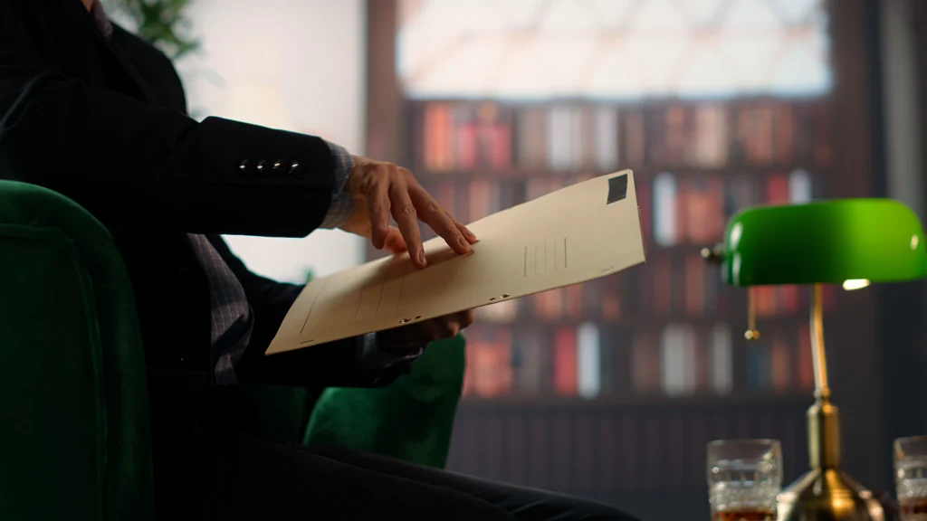 A legal professional in a dark suit holding a manila folder in a library with a green desk lamp.